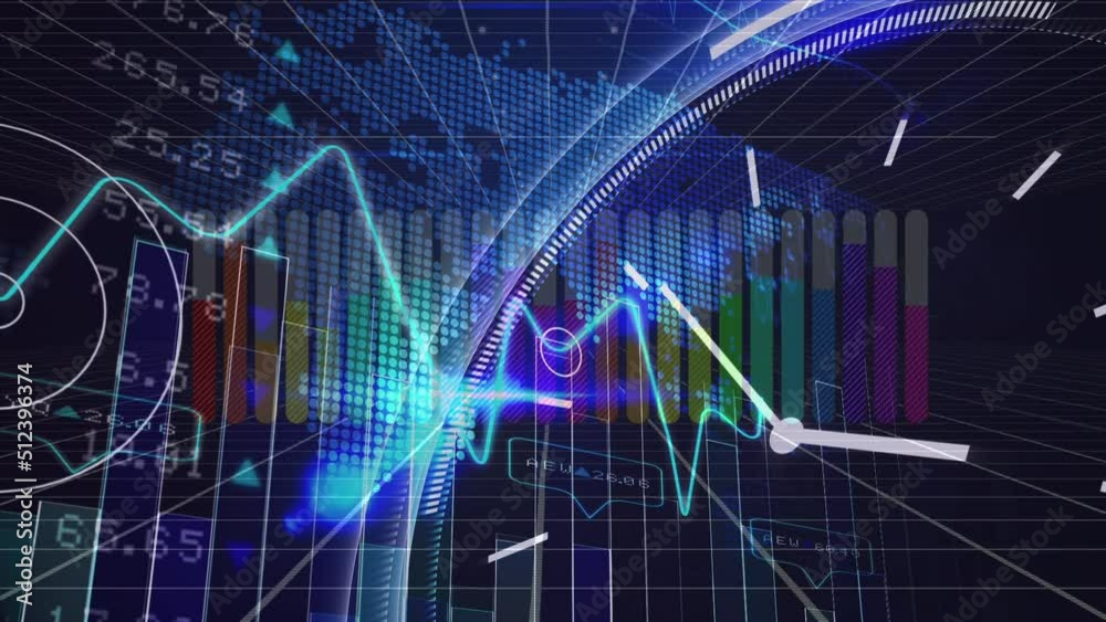 Animation of counting over financial graphs and world map over clock on navy background Animation of counting over financial graphs and world map over clock on navy background