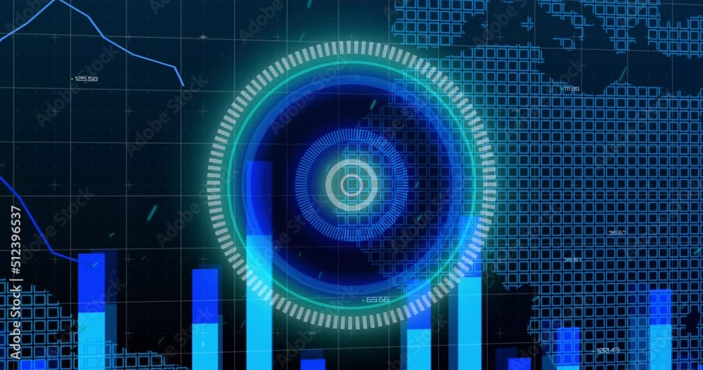 Animation of processing circle, data and world map on black background Animation of processing circle, data and world map on black background
