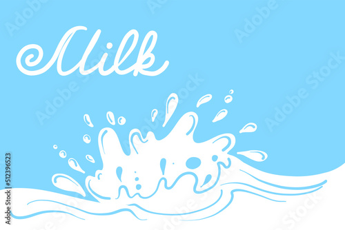 Milk splash banner. Dairy splashes, white creamy liquid drops. Fresh farm food, milk flowelement. Flat milkshake wave recent vector poster. Milk product background. Vector illustration