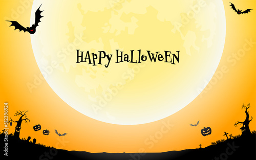 ハロウィンのポスター、満月とコウモリとジャック・オー・ランタン