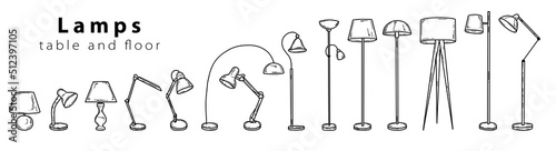 Doodle sketch lamps for the living room, table and floor lamps, hand-painted in different sizes and types, modern and vintage