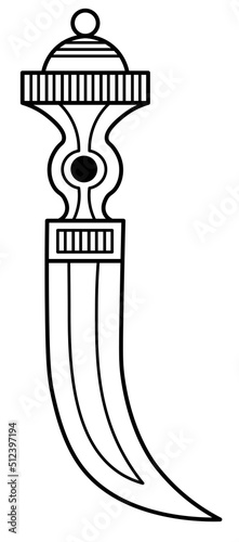 Outined vector drawing of ornamented fantasy dagger with inlay on curved grip and curved blade. Medieval styled knife. Graphic illustration for logo, card poster, banner.