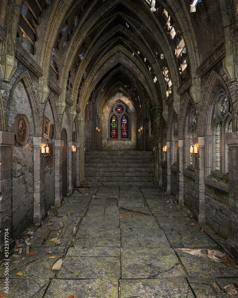 Old ruined corridor in medieval castle or church with picture frames on the walls. 3D rendering.