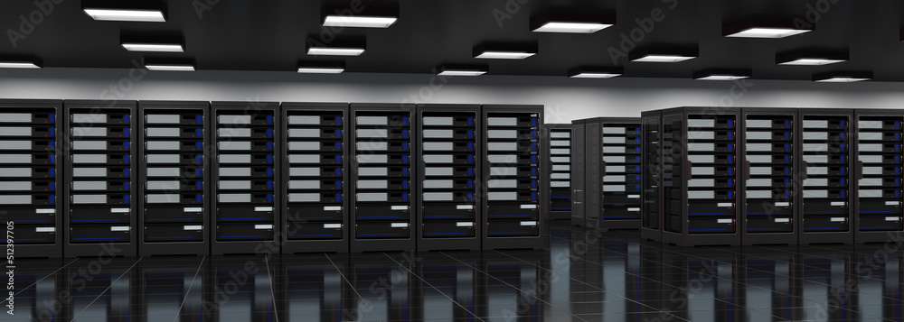 Server rack room with servers, computer security, cloud service, 3d illustration