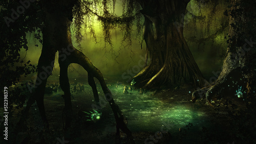 Hintergrund Fantasiewald mit alten großen Bäumen und Moos im Sumpfgebiet,  photo