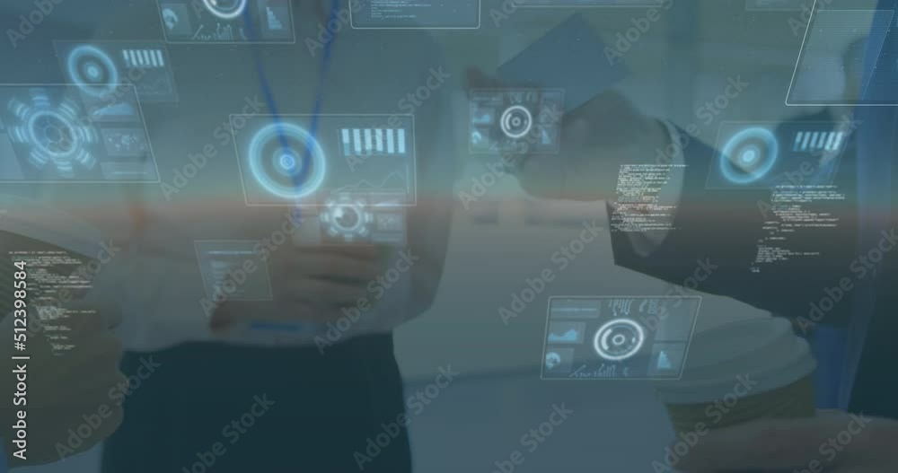 Animation of data processing over diverse business people with card Animation of data processing over diverse business people with card
