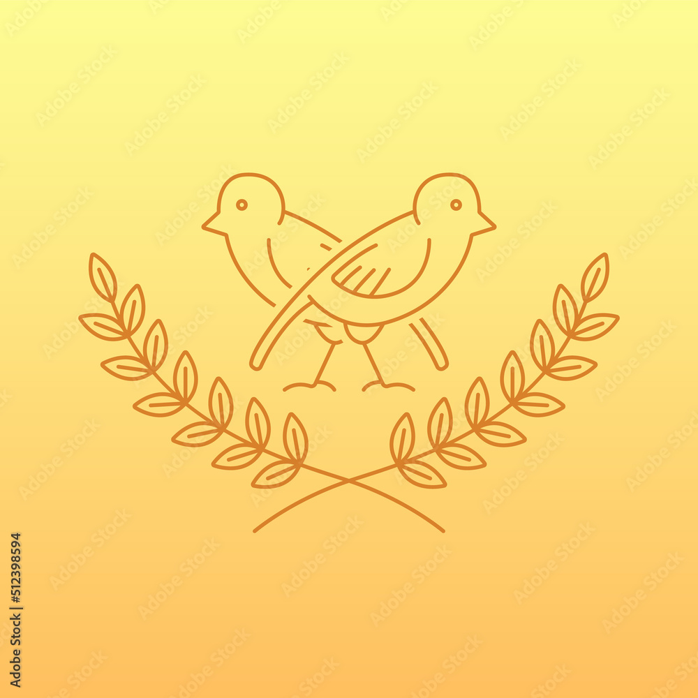 Simple line art logo of wreath leaves with 2 birds Simple line art logo of wreath leaves with 2 birds