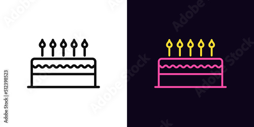 Outline cake icon, with editable stroke. Cake with burning candles, birthday and dessert pictogram. Confectionery and cake shop
