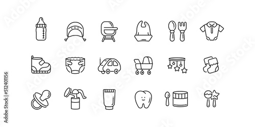 Icons set of products for children and motherhood. Outline style, isolated vector illustration
