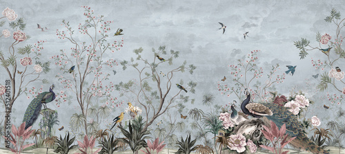 wallpaper jungle pattern and tropical forest banana palm and tropical birds peacock birds old drawing vintage sky
