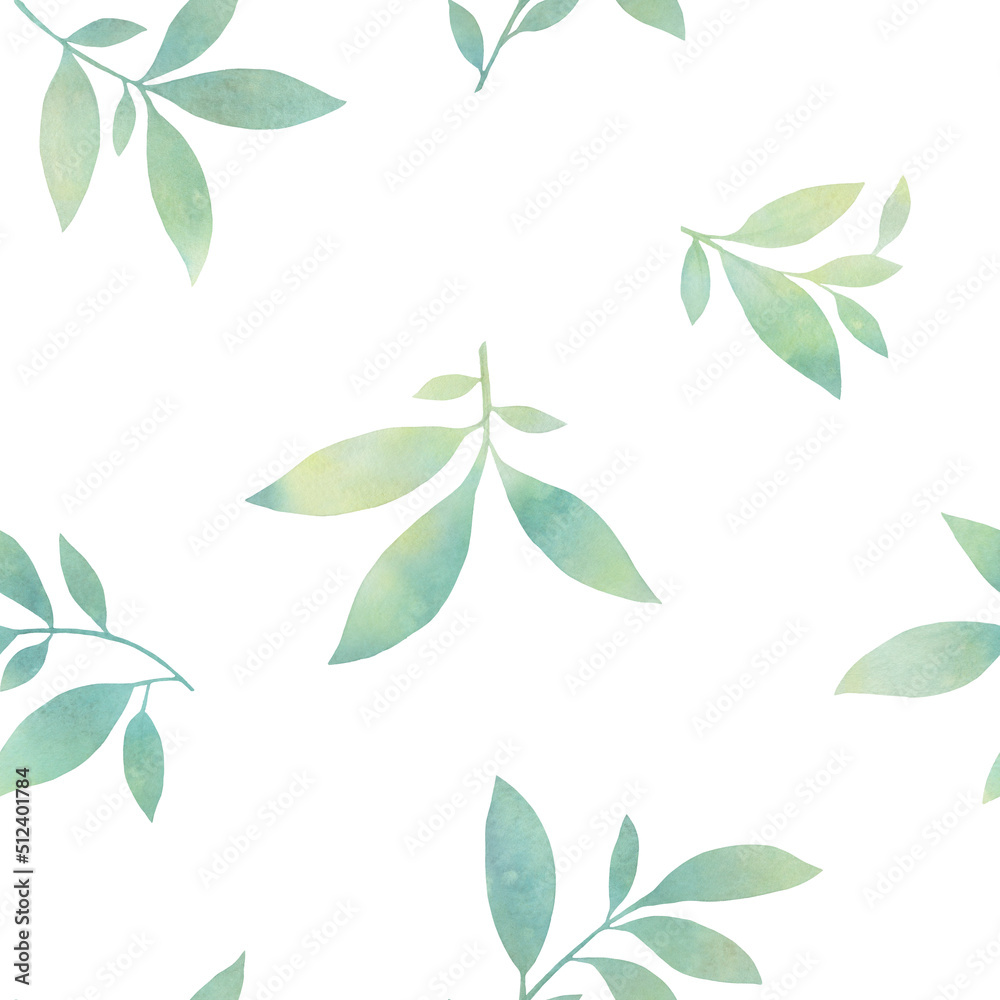 Abstract seamless pattern. Green leaves painted in watercolor for design, wallpaper, wrapping paper.