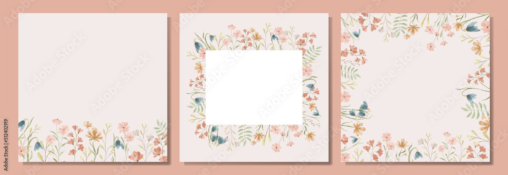 Set of floral frames isolated on the beige background. Cute watercolor floral wreath perfect for wedding invitations and greeting cards.