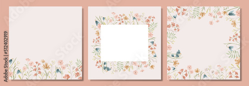 Set of floral frames isolated on the beige background. Cute watercolor floral wreath perfect for wedding invitations and greeting cards.