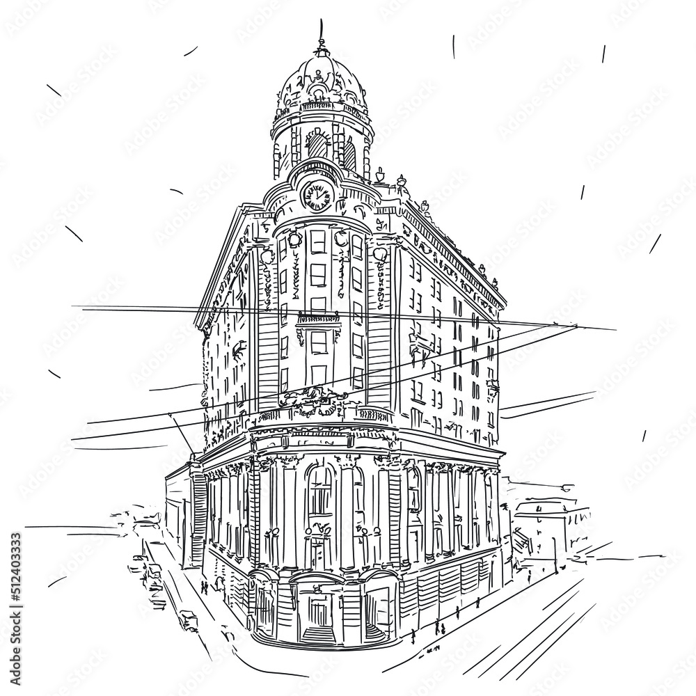 Multi-storey stone building in New York. Quick sketch drawing.