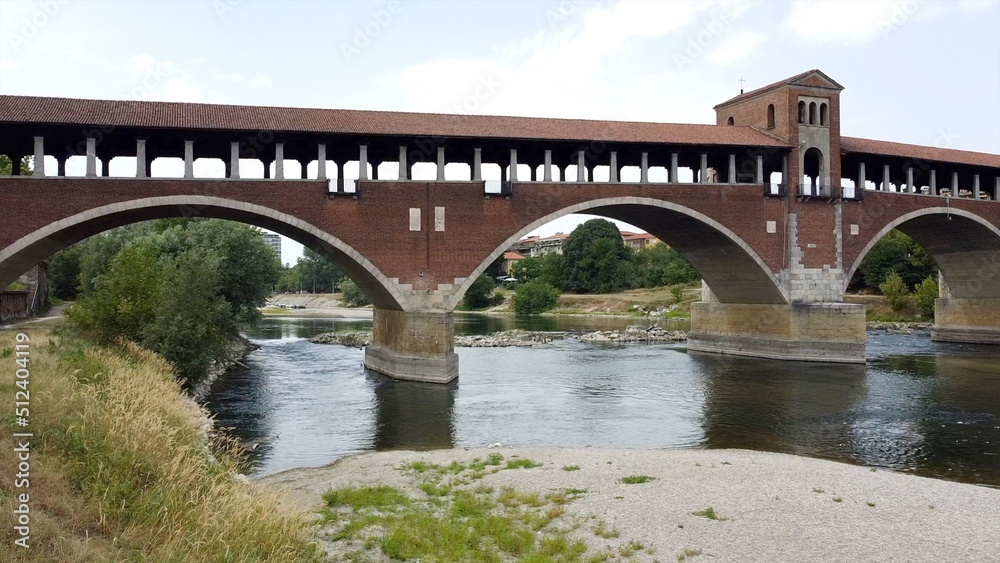 problems of drought and aridity in the almost waterless Po river with large expanses of sand and no water - climate change and global warming, Drone view in Ponte Coperto in Pavia Lombardy , Ticino