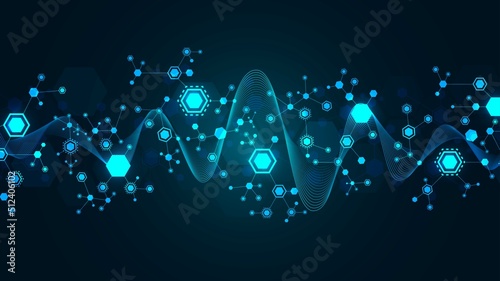 Vector neon blue background. Pattern of hexagons, lines, waves. Design of puzzle plexus. Digital network. Glowing stars. Chemical chain of molecules. Banner technology, business, science, medicine.