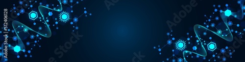 Vector neon background frame. Pattern of hexagons, lines, waves. Design of puzzle plexus. Digital network. Glowing stars. Chemical chain of molecules. Banner technology, business, science, medicine.