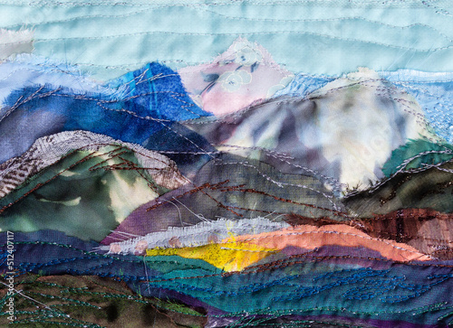 mountain landscape hand-stitched with patchwork