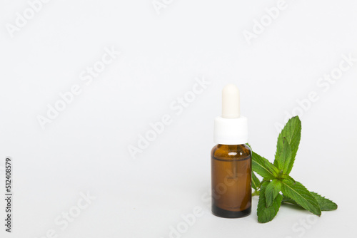 Natural Mint Essential Oil in a Glass Bottle. organic cosmetics with herbal extracts of mint on colored background