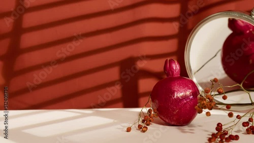 Still life with grapefruit, mirror cube, vase with dried flowers, red cloth with the sun from the window on the background