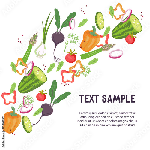 Banner or poster design with fresh vegetables, flat vector illustration. Banner for vegan shop, grocery and farm store with vegetables.