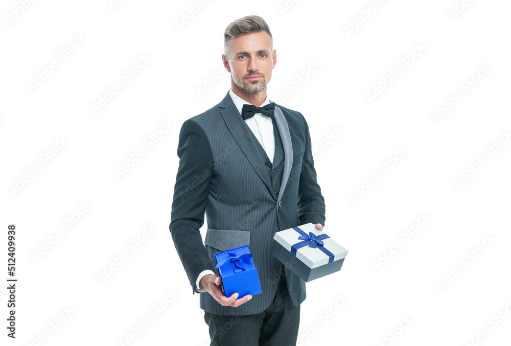 elegant grizzled man hold gift box isolated on white shopping elegant grizzled man hold gift box isolated on white shopping