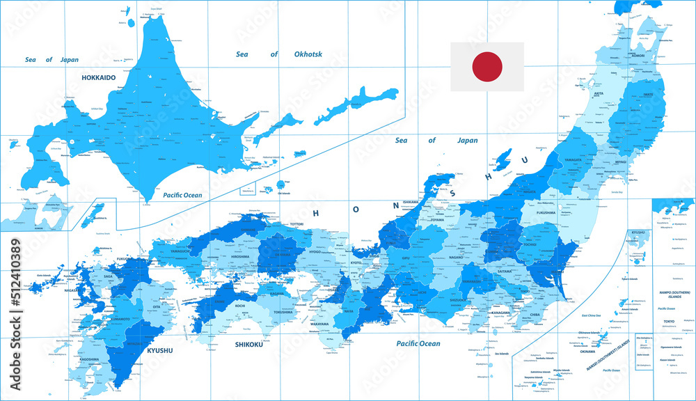 Detailed Political Map of Japan. Cities and towns. Blue color