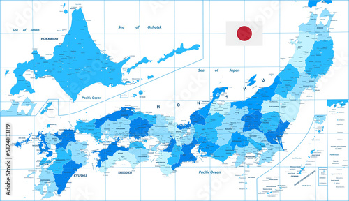 Detailed Political Map of Japan. Cities and towns. Blue color