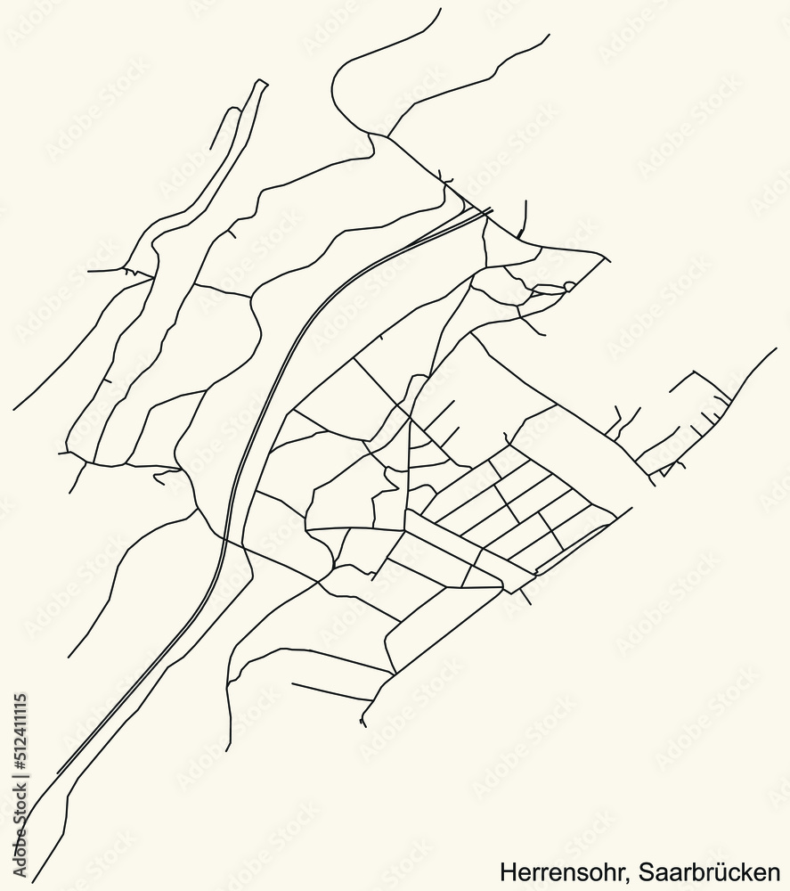 Detailed navigation black lines urban street roads map of the HERRENSOHR DISTRICT of the German regional capital city of Saarbrucken, Germany on vintage beige background