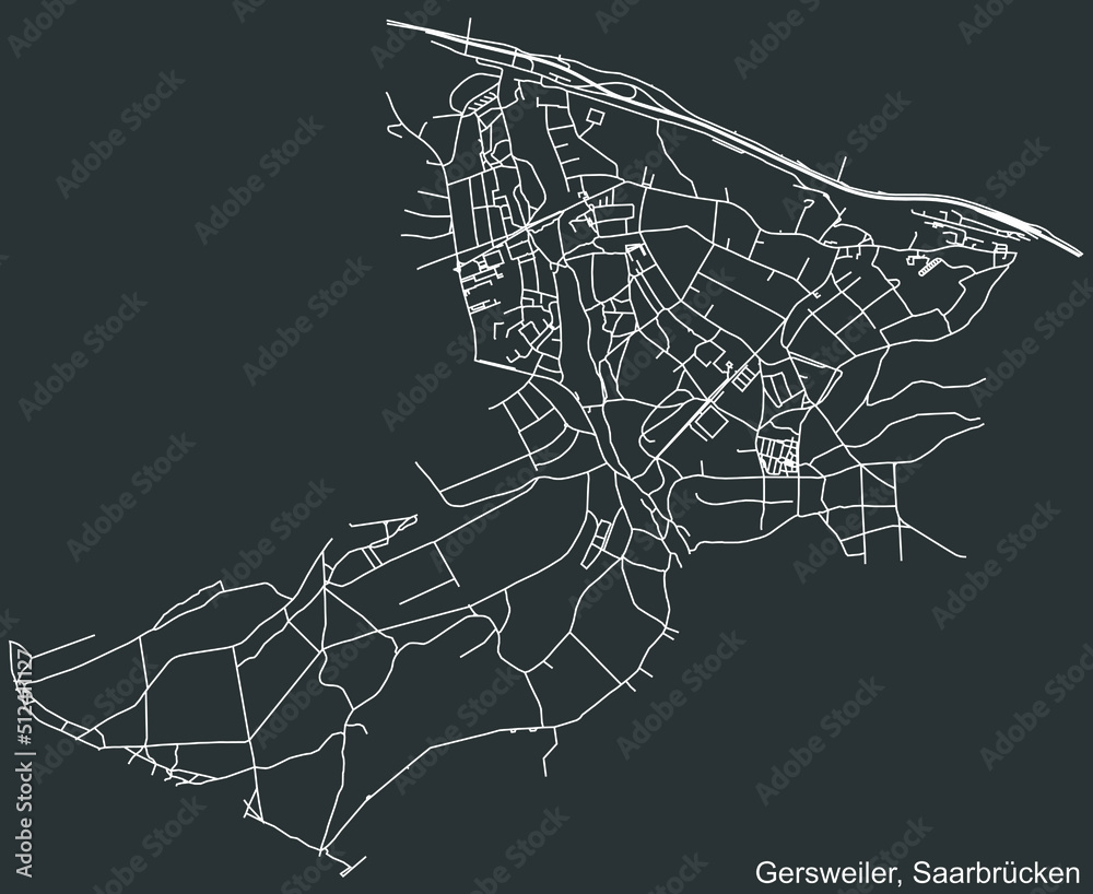 Detailed negative navigation white lines urban street roads map of the GERSWEILER DISTRICT of the German regional capital city of Saarbrucken, Germany on dark gray background