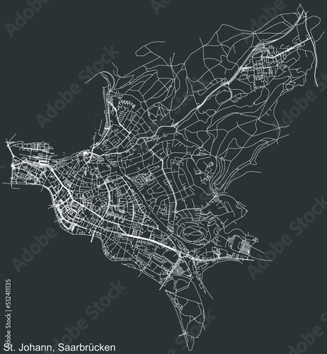 Detailed negative navigation white lines urban street roads map of the ST. JOHANN DISTRICT of the German regional capital city of Saarbrucken, Germany on dark gray background