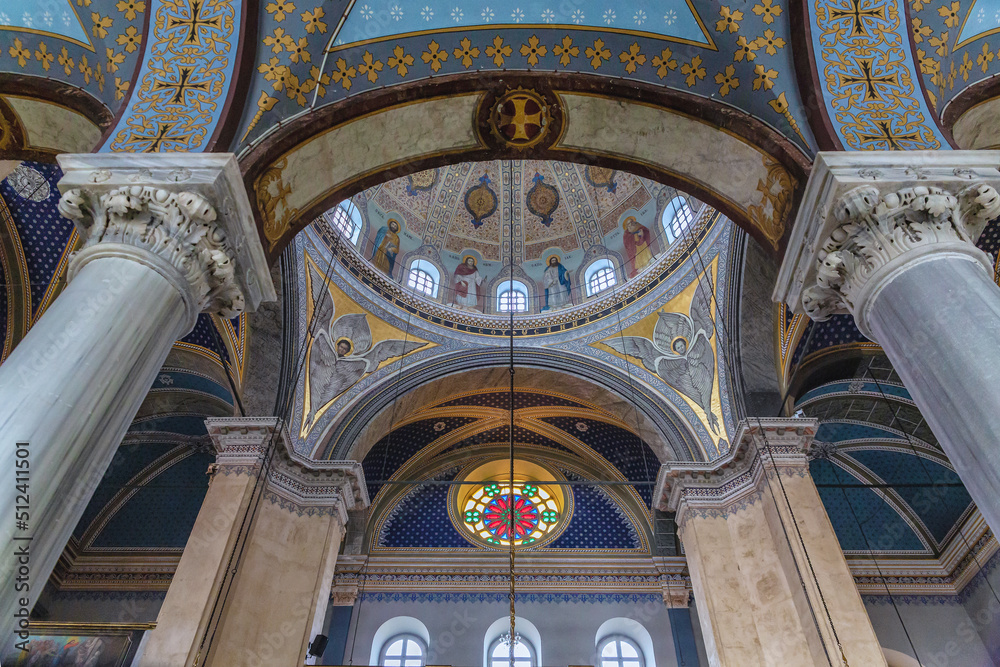 Istanbul, Turkey (Turkiye). Interior of Hagia Triada Greek Orthodox Church. XIX-th century baroque basilica. History, architerture and history of religion concept
