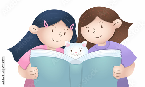 Cute illustration of two girls reading a book together