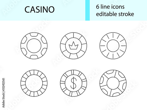 Casino chips line icons collection. Poker and slot machine signs set. Bingo and jackpot. Isolated vector illustration