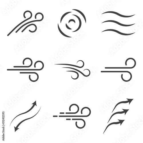 Set of icons movement of air flow, blowing, wind. Simple line drawings of arrows and wind direction symbols. Isolated vector on white background.