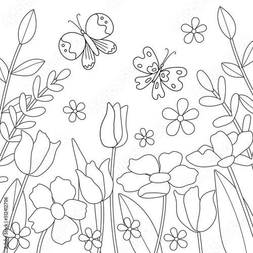 Simple childrens coloring page with cute flowers and butterflies. Illustration with silhouette of plants