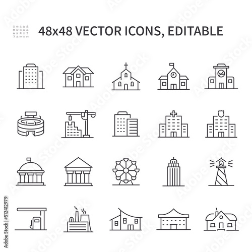 Simple vector line icons. On the theme of the building contains icons such as police station, church, ferris wheel, gas station and more. 