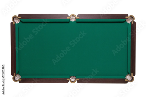 A pool table. Parts of a billiard table close-up. American pool table. Billiard pockets. Wooden billiard table.