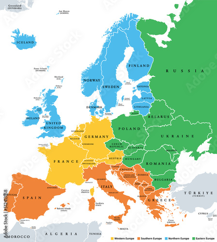 Europe subregions, political map. Geoscheme, that subdivides the European continent into Eastern, Northern, Southern, and Western Europe, for statistical purposes, and represented in different colors. photo