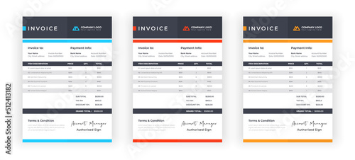 Business invoice design template, simple invoice minimal statement invoice template, professional modern clean creative bill, money receipt invoice design. 