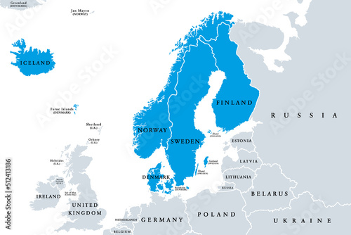 Scandinavia, political map. A subregion in Northern Europe, most commonly referring to Denmark, Norway, and Sweden, and more broadly also with Aland, Faroe Islands, Finland and Iceland. Illustration. photo
