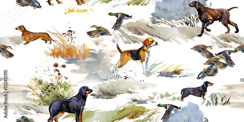 hunting dogs and Ducks seamless pattern. Greyhound dog breed illustration. hunting dogs watercolor illustration. Duck hanting