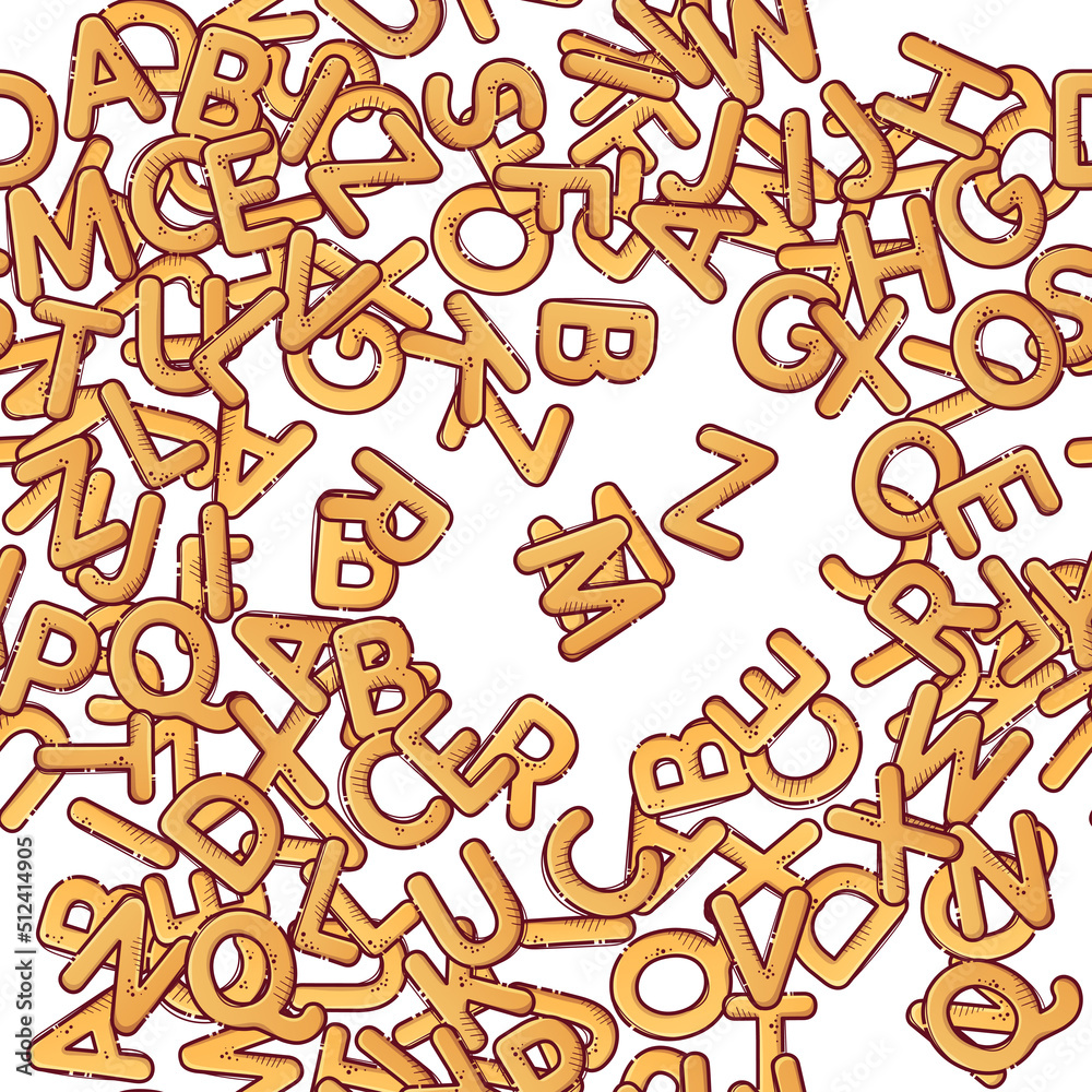 Pasta cartoon alphabet. Font from letters in the form of macaroni. Lettering from pasta soup. Seamless pattern for backgrounds, wallpapers, textile composition. Vector hand drawn.
