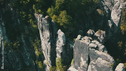 Aerial footage of Saxon Switzerland hilly national park. Flying away photo