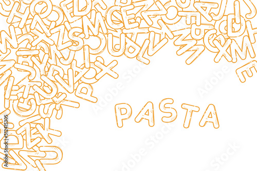Pasta cartoon alphabet. Font from letters in the form of macaroni. Lettering from pasta soup. Design for backgrounds, wallpapers, textile composition. Vector hand drawn.