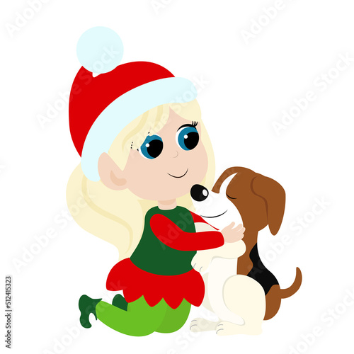 Little cute elf girl sits and hugs a dog. The child is happy and smiling. The girl is wearing red and green elf clothes. Cartoon Christmas illustration isolated on white background.