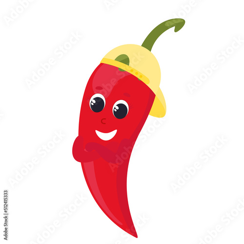 Hot pepper is wearing a baseball cap. The vegetable has a face, eyes, hands and is happy. Character design in cartoon style isolated on white background for kitchen textile.