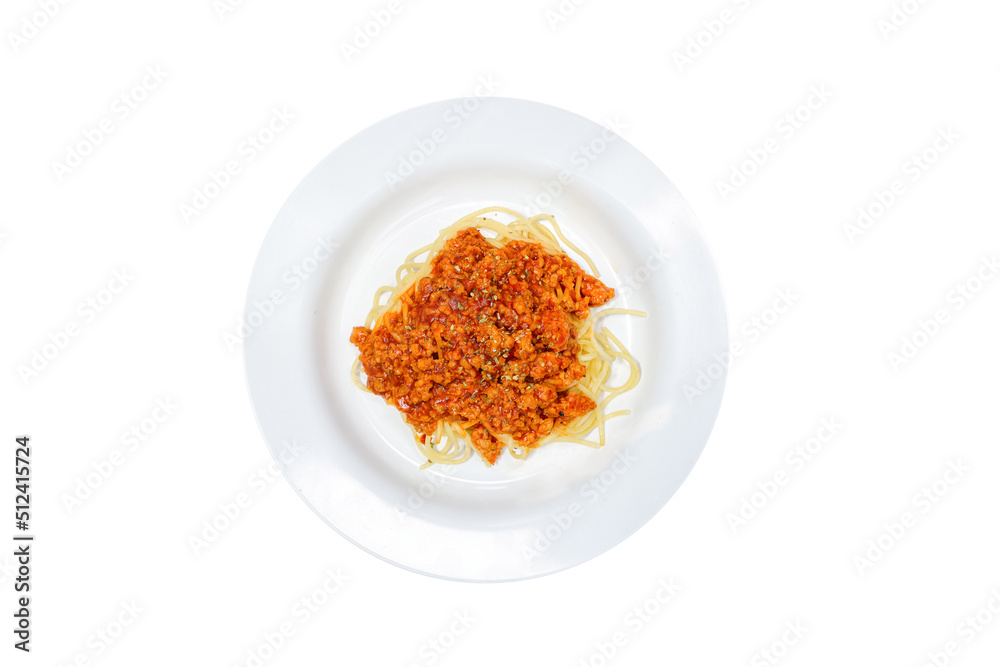 Spaghetti bolognese pasta with tomato sauce and minced meat isolated on white background with clipping path Spaghetti bolognese pasta with tomato sauce and minced meat isolated on white background with clipping path