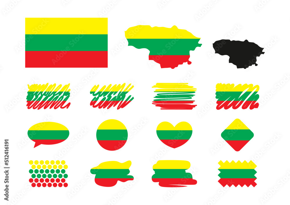 Obraz premium National flag of Lithuania in brush stroke circle button style and flat design. Heart, mark, button, rhombus, dots, speak icon, linear, map, hand drawn symbols.
