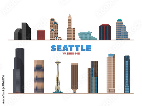Seattle Washington city landmarks isolated object. Business travel and tourism concept with modern buildings. Image for presentation, banner, web site.
